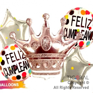 SET DE GLOBOS METALIZADO CORONA PRINCESA FELIZ CUMPLEAÑOS PLATA 5 UNIDADES X 1